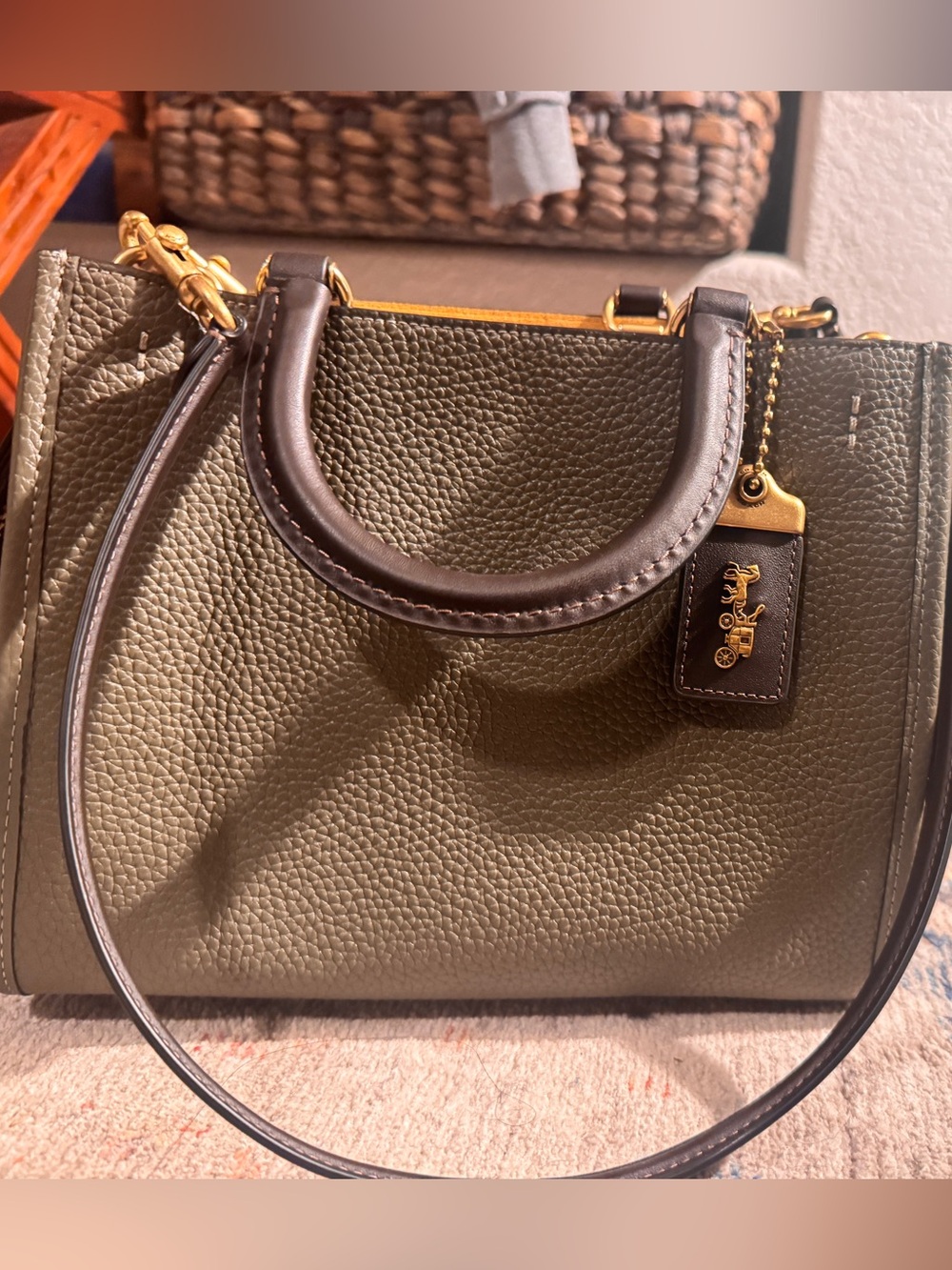 Coach Rouge 25 Olive Green Pebbled Leather Satchel with Dark Brown Trim